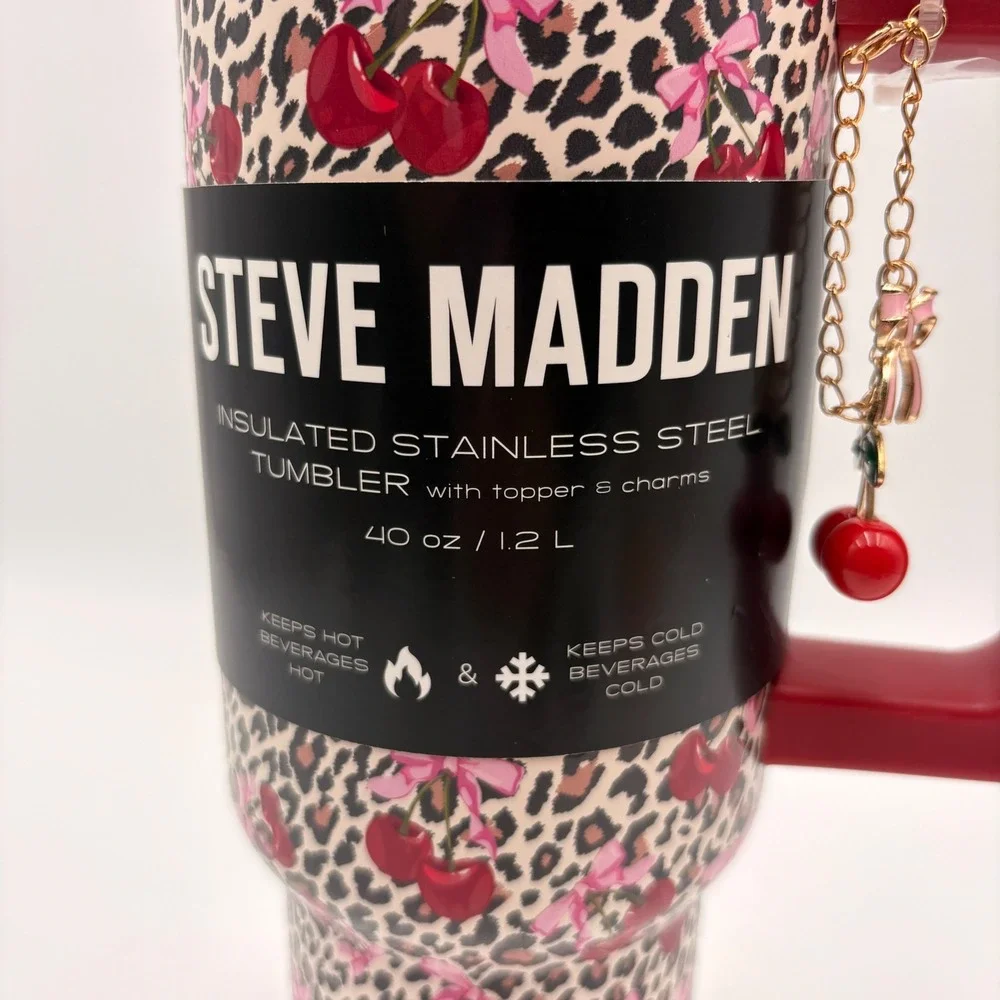 Steve Madden Leopard Cherry Bow Insulated Stainless Steel Tumbler with Charms
